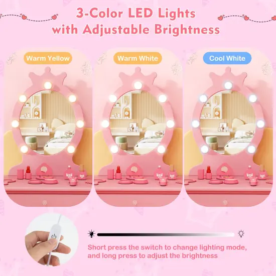 MDF and Wood Kids Vanity Set with LED Mirror, Drawer and Padded Stool Pink {6}