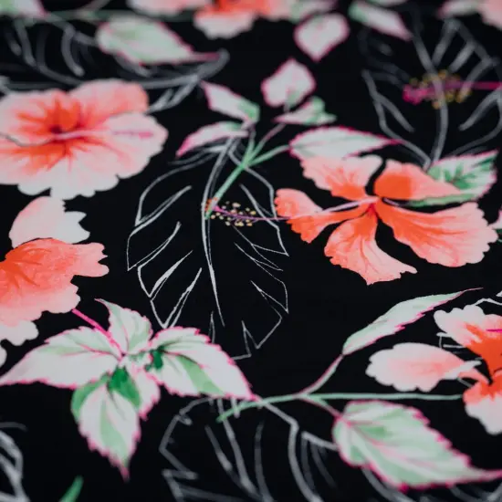 1 Yard Hibiscus Flowers on Black Printed Spandex Fabric 36" x 58/60" Length by Width {5}