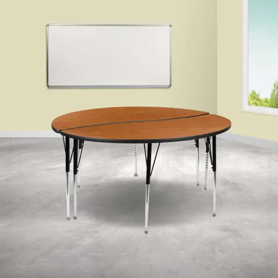 Emma and Oliver 2 Piece 60" Circle Wave Collaborative Grey Adjustable Activity Table Set Oak {1}