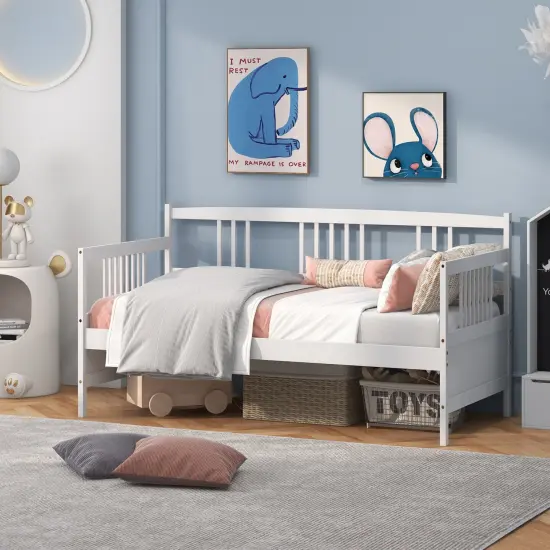 Twin Size Wooden Slats Daybed Bed with Rails Perfect for Living Room and Kids Room or Guest Room White {6}