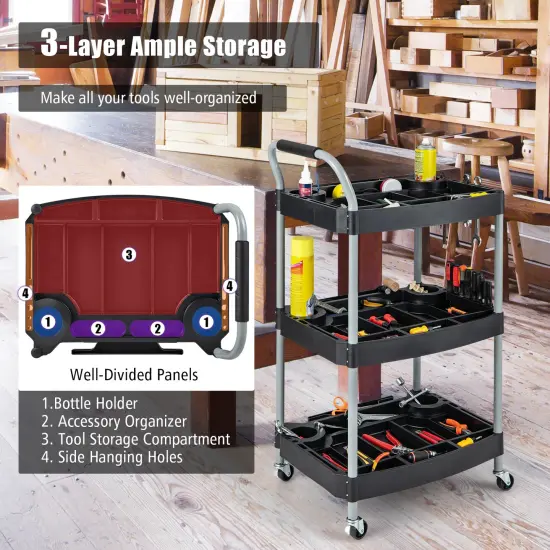 Black 3 Layer Detailing Tool Rolling Utility Cart with Multiple Divider and Bottle Holder {6}