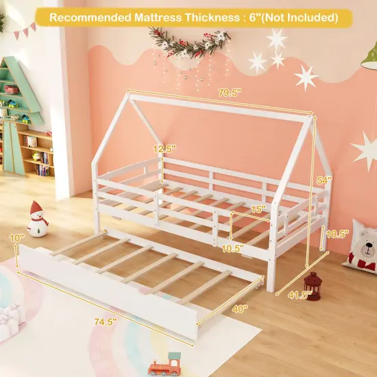 Twin House Bed with Trundle and Fence Rail for Kids Room White {4}