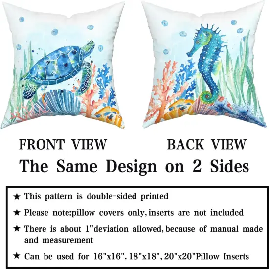 Coastal Ocean Pillow Covers Set of 2-18"x18" Sea Turtles Seahorse Decorative Throw Pillow Cases- Watercolor Marine Animals Double Sided Square Cushion Covers for Sofa Couch Bed Car {3}