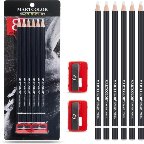 Professional Eraser Pencil Set, 6pc Eraser Pencils and 2pc Sharpener, Erasing Small Details or add Highlights for Sketching, Charcoal Drawings. Fine Detail Eraser for Beginners & Artists {3}