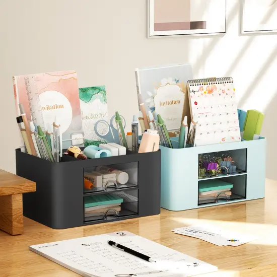 Marbrasse Pen Organizer with 2 Drawer, Multi-Functional Pencil Holder for Desk, Desk Organizers and Accessories with 5 Compartments + Drawer for Office Art Supplies (Black) {4}