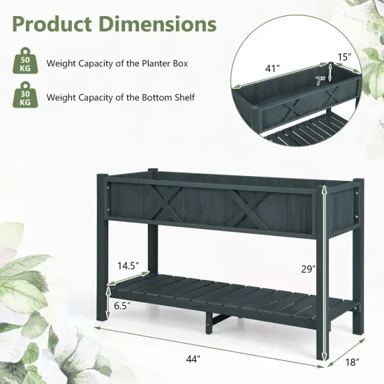 HIPS Raised Planter Box with Bottom Shelf and Drainage System Black {5}