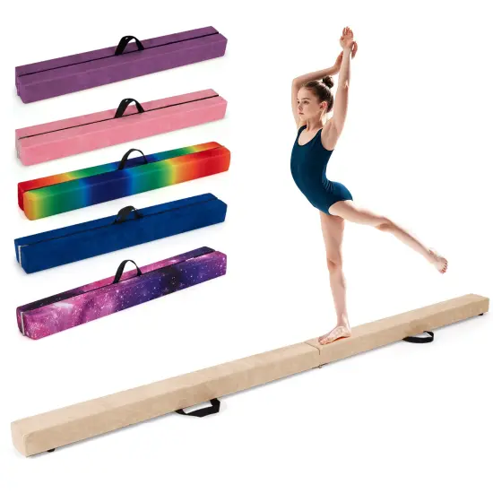 8 Feet Portable Folding Gymnastic Balance Beam with Solid Wood Base Ideal for Walkover or Cartwheel Beige {3}