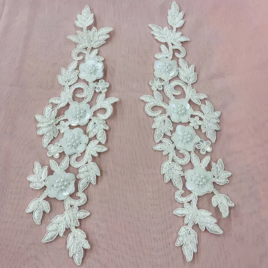 1 Pair 11" x 3" Each Side Beaded & Corded Floral 3D Lace Applique 100% Polyester Net Mesh Gold {6}