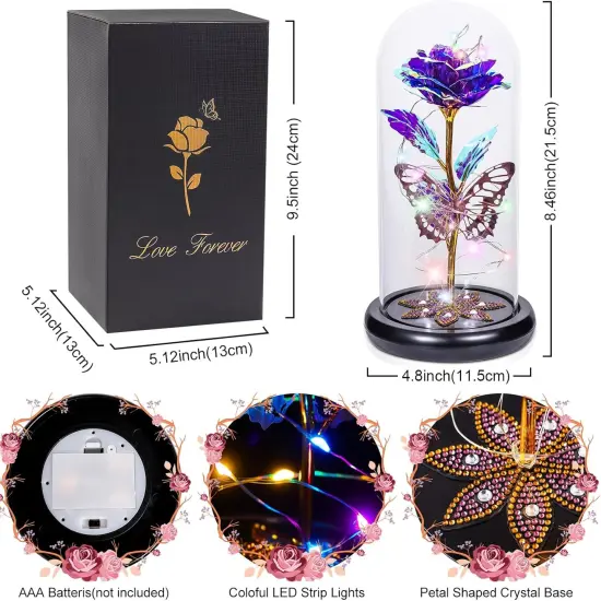 Mothers Day Rose Gifts for Mom, Galaxy Glass Rose Flower Gifts Forever Eternal Crystal Light Up Rose in Glass Dome with Butterfly Mother&rsquo;s Day Birthday Gifts for Women Mom Wife Daughter Sister Purple {3}