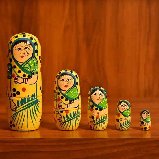 Wooden Nesting Dolls Matryoshka Doll Set of 5 Hand Painted Indian Traditional Kondapalli Toys for Home Table Decor Wooden Stacking Dolls - Gifting Item Golu Dolls (6 Inch) {1}