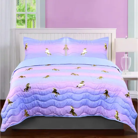 Tadpoles 3-Piece Girls Unicorn Quilt Set | 1 Twin Bed Size Quilt & 2 Standard Shams | Made of 100% Micro-denier Polyester Fiber | Soft, Smooth & Durable | Ideal for Teens | Metallic Gold Unicorns {2}