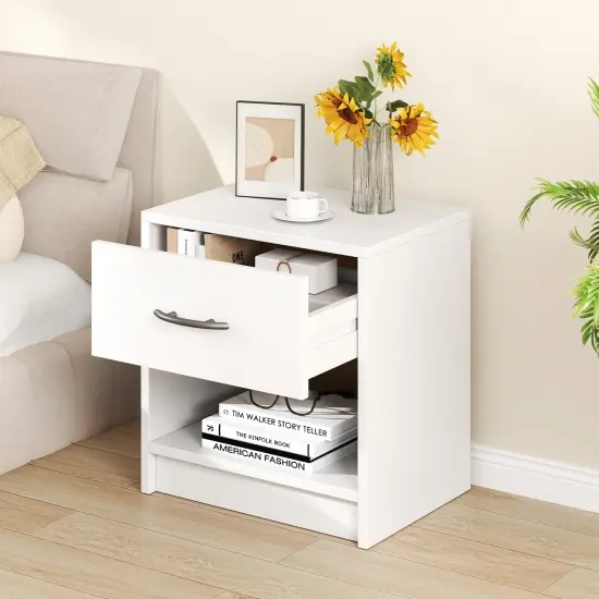 Nightstand with Drawer, Open Shelf, Modern Design and Sturdy Structure White {3}