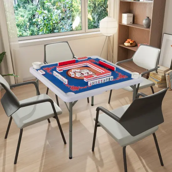 Portable Folding Mahjong Table with Cup Holders and Game Mat Blue {3}