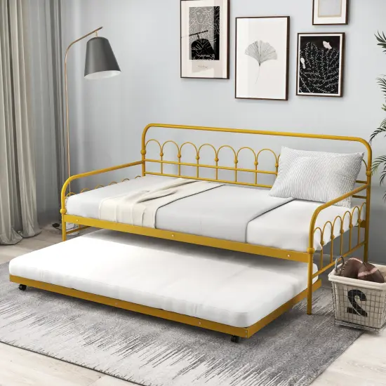 Golden Metal Daybed with Trundle, Lockable Wheels, and 330 lbs Load Capacity {2}