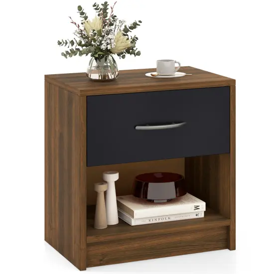 Nightstand with Drawer, Open Shelf, Modern Design and Sturdy Structure Brown {4}