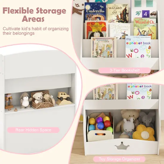 White MDF Kids Bookshelf with 4-Tier Storage, Hidden Compartment and Safety Features {4}