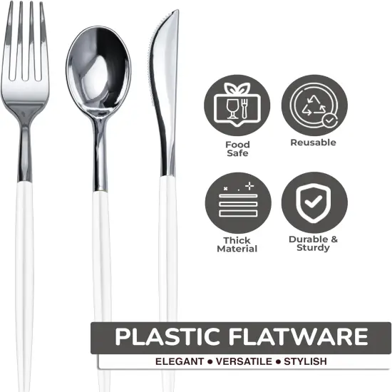 Trendables Disposable Silverware Set - Wedding Plastic Cutlery Dinnerware - Includes two toned Forks, Plastic Spoons, two colored Knives - reflective Plastic Utensils Party Set {3}