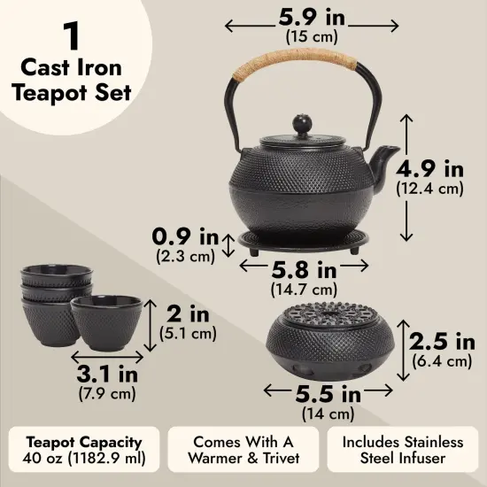 Cast Iron Tea Kettle for Stovetop - Japanese Tea Set with Warmer, Trivet, Infuser and 4 Teacups, Hobnail Design (40 oz, Black, 6 Pieces) {5}