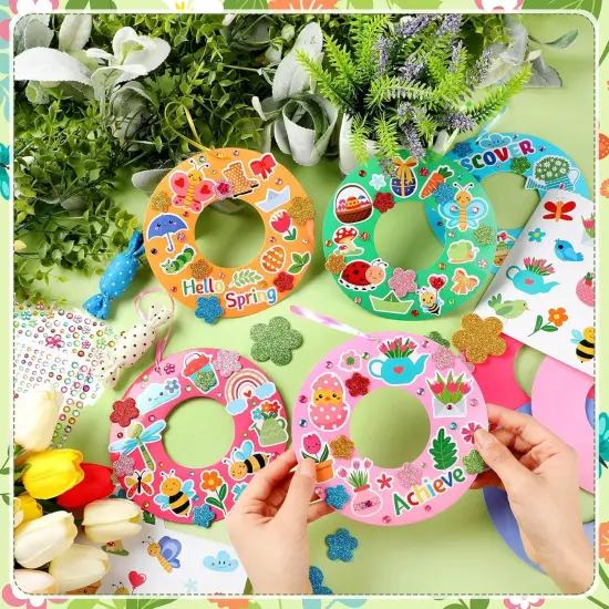 48 Sets Spring Wreath Craft Kits DIY Wreath Hanging Ornaments Make Your Own Paper Craft with Stickers for Home Party Favors Activities {6}
