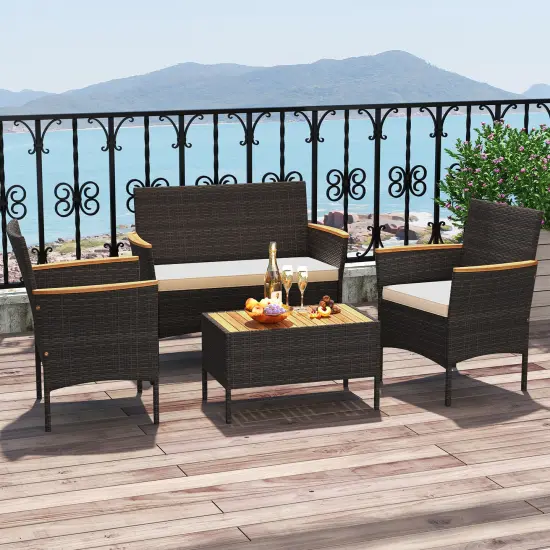 4 Piece Patio Wicker Metal Frame Conversation Set with 2 Rattan Chairs and Loveseat {3}
