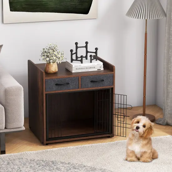 Brown Dog Crate Cage End Table with 2 Fabric Drawers Ideal for Small or Medium Pets {2}