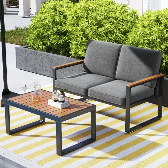 4 Piece Patio Furniture Set with Wood-Plastic Armrests and Aluminum Frame Ideal for Outdoor Use {6}