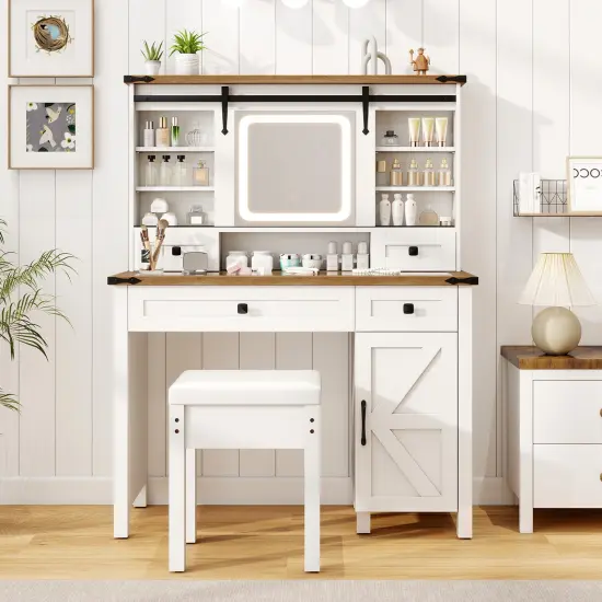 Makeup Vanity Desk with Mirror and 3-Color Dimmable LED Lights-White {5}