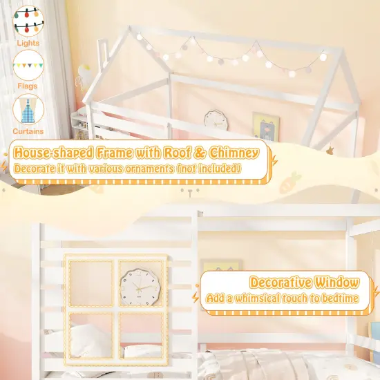 Solid Wood House Bed with Trundle, Guardrails and Customizable Design White {5}