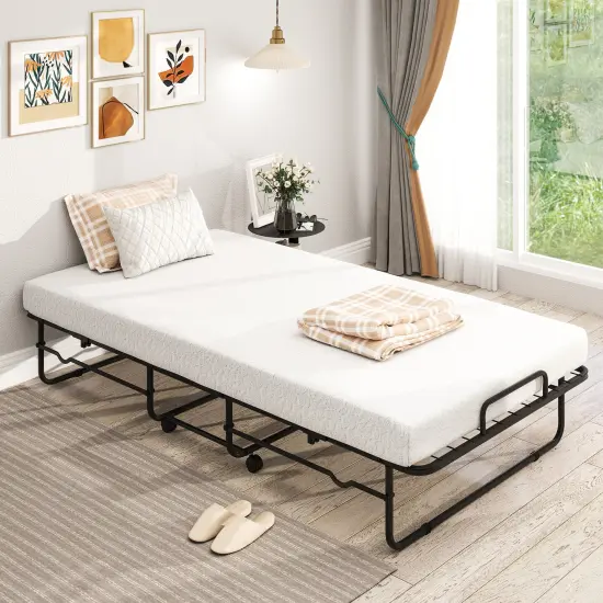 White Memory Foam Mattress Folding Bed with Black Metal Frame and Casters {6}