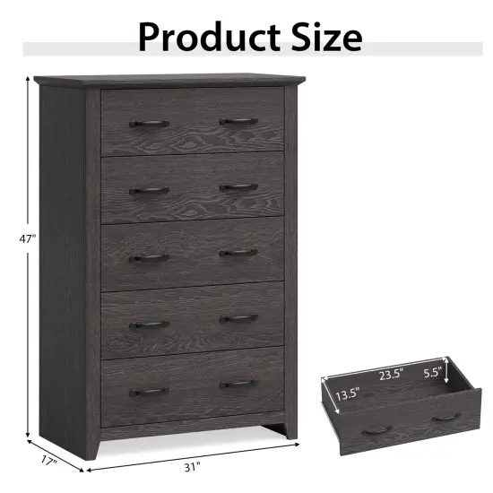 Tall Storage Dresser with 5 Slide Out Drawers and Smooth Metal Slide Rail Perfect for Any Room Gray {5}