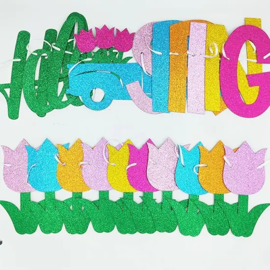 Glitter Hello Spring Banner with Tulip Truck Signs and Colorful Glittery Tulips Banner Hello Spring Tulips Flowers Garland Banner Spring Easter Birthday Party Fireplace Mantle Decorations {3}