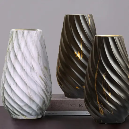 10 inch Tall Ribbed Ceramic Vase for Flowers,Boho Vases for Pampas Grass,Wood Grain Exterior vase,Simple Modern Decorative Vase for Home Decor Table Centerpieces(White) {5}