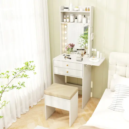 White Vanity Set with LED Mirror, Charging Station & Storage {6}