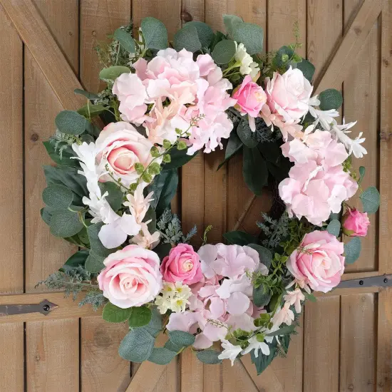 Artificial Pink Rose Wreath 20 inches Front Door Wreath with Hydrangea Green Leaves Wreath Artificial Spring Wreath Valentines Mother's Day Wreath for Wall Wedding Party Home Decor (Pink) {3}