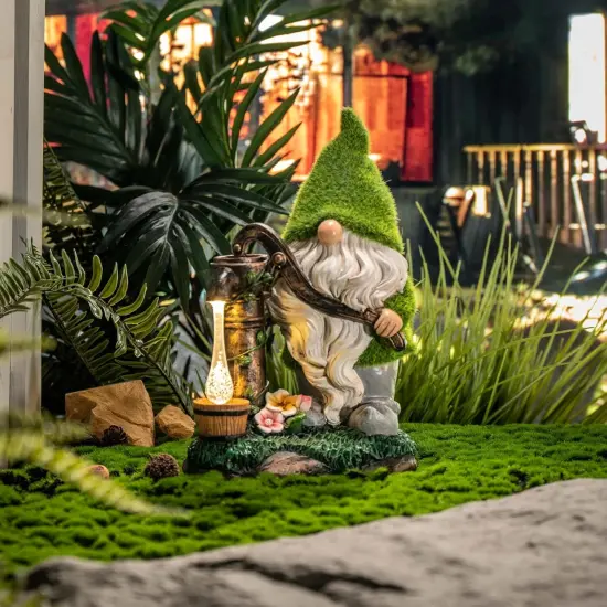 Resin Garden Gnomes Decor with Solar Lights, Light Green Outdoor Decorations for Porch Patio {3}