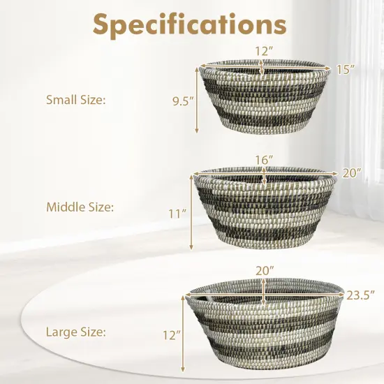 Canes Grass Storage Baskets, Stackable, Bohemian Design, 3-Piece Set {5}