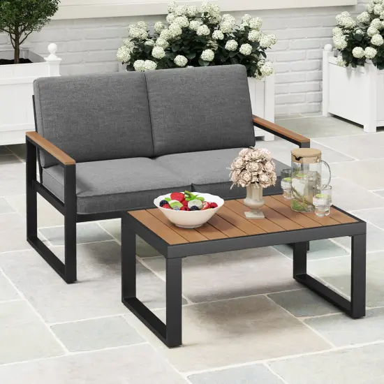 2 Piece Patio Aluminum Furniture Set with Wood-Plastic Armrests and Rectangular Coffee Table {2}
