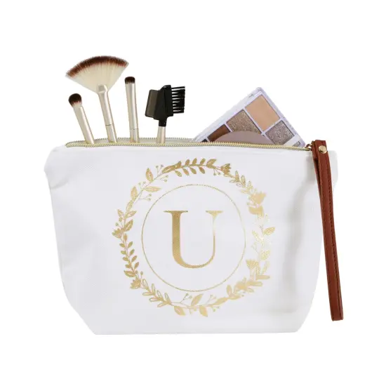 Gold Initial U Personalized Makeup Bag for Women, Monogrammed Canvas Cosmetic Pouch (White, 10 x 3 x 6 In) {7}