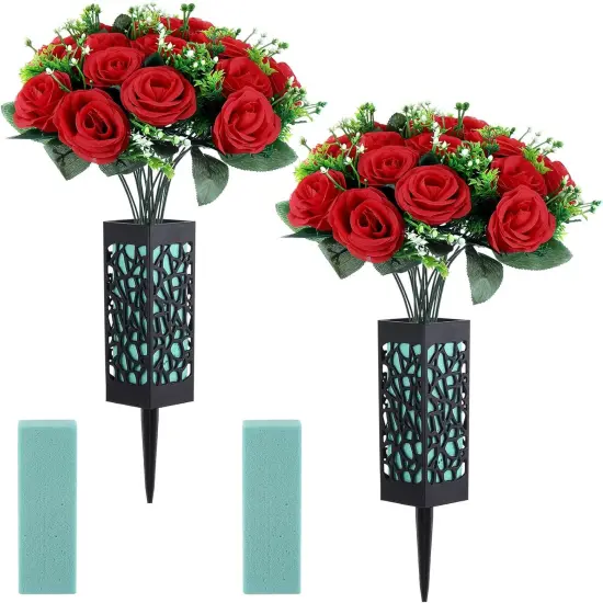2 Sets Artificial Cemetery Flowers 36 Heads Rose with 2 Grave Markers Flower Holder Vase with Drainage Hole Long Spikes and 2 Floral Foam Blocks for Outdoor Memorials (Red) {1}