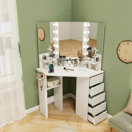 5 Drawers Corner Vanity Desk with LED Mirror and Charging Station Storage Shelves for Bedroom White {5}