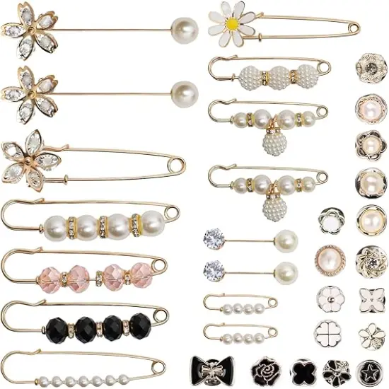 32 Pcs Pearl Brooch Safety Pins for Clothes Dress Jeans Skirt Pants Faux Pearl Rhinestones Sock Charms Pins for Women Waist Decoration Tightener Safety Pins {1}