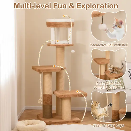 Engineered Wood Tall Cat Tree with Faux Rabbit Fur, Scratching Posts and Removable Cat Bed {6}