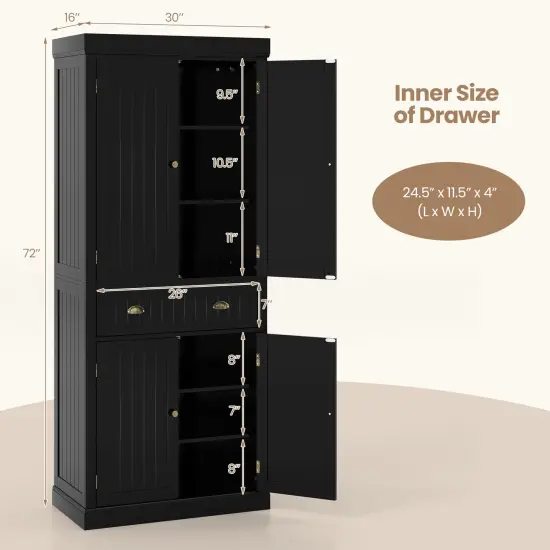 Freestanding Tall Kitchen Cabinet with 3-Position Adjustable Shelves and Large Capacity Drawer Black {5}