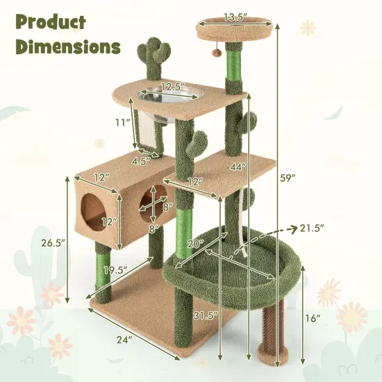 59 Inch Cactus-Shaped Cute Cat Tree Tower with 2 Perches and Multiple Sisal Scratching Posts {5}