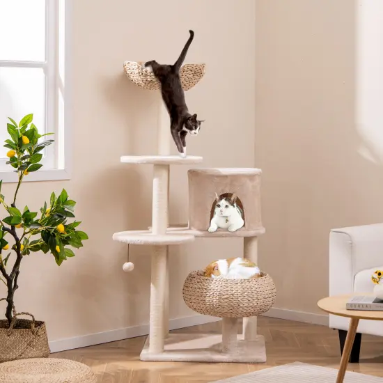 Beige Cattail Cat Tower with 7 Full-Wrapped Scratching Posts and Soft Padded Cushions {3}