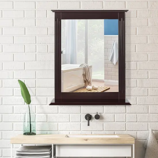 Bathroom Multipurpose Wall-Mounted Mirror W/Shelf Vanity Makeup Mirror Brown {5}