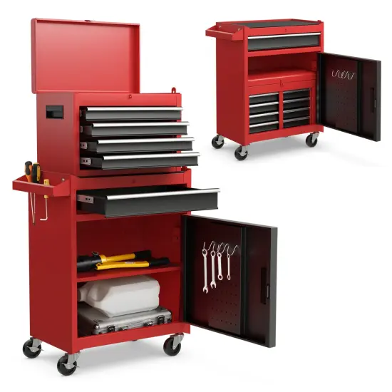 2-in-1 Tool Chest Cabinet with 5 Sliding Drawers and 4 Universal Wheels Perfect for Garage or Workshop Black & Red {4}