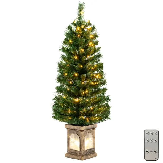 Costway 4 FT Pre-Lit Potted Christmas Tree Artificial Entrance Decor with 3 Lighting Modes {1}