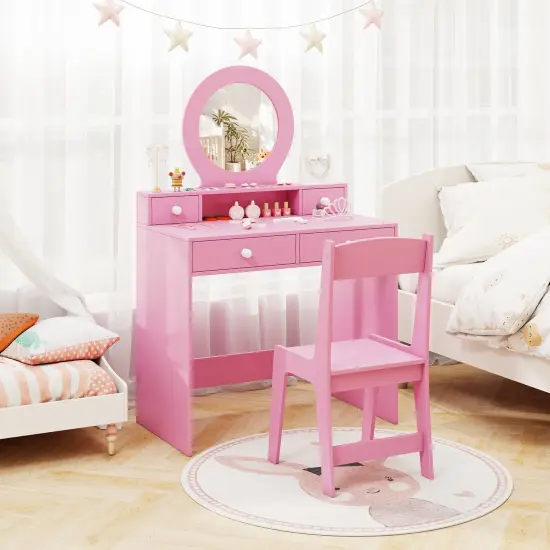 MDF Kids Vanity Set with Acrylic Mirror, Storage and Chair Pink {3}