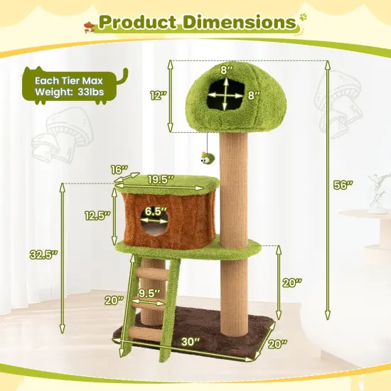 Cute Mushroom-Shaped Cat Tree Nest Condo with Climbing Ladder and Scratching Posts {5}